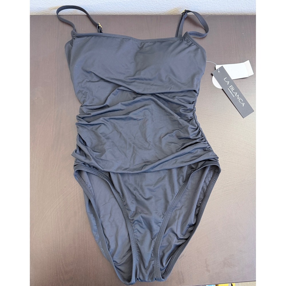 La Blanca Womens Black Ruched One Piece Swimsuit Size 6 LB0IG24 UPF 50+ NWT